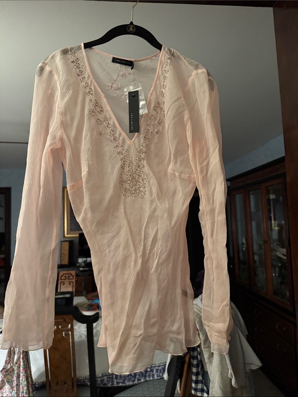 The Limited Pale Pink Beaded V-Neck Blouse